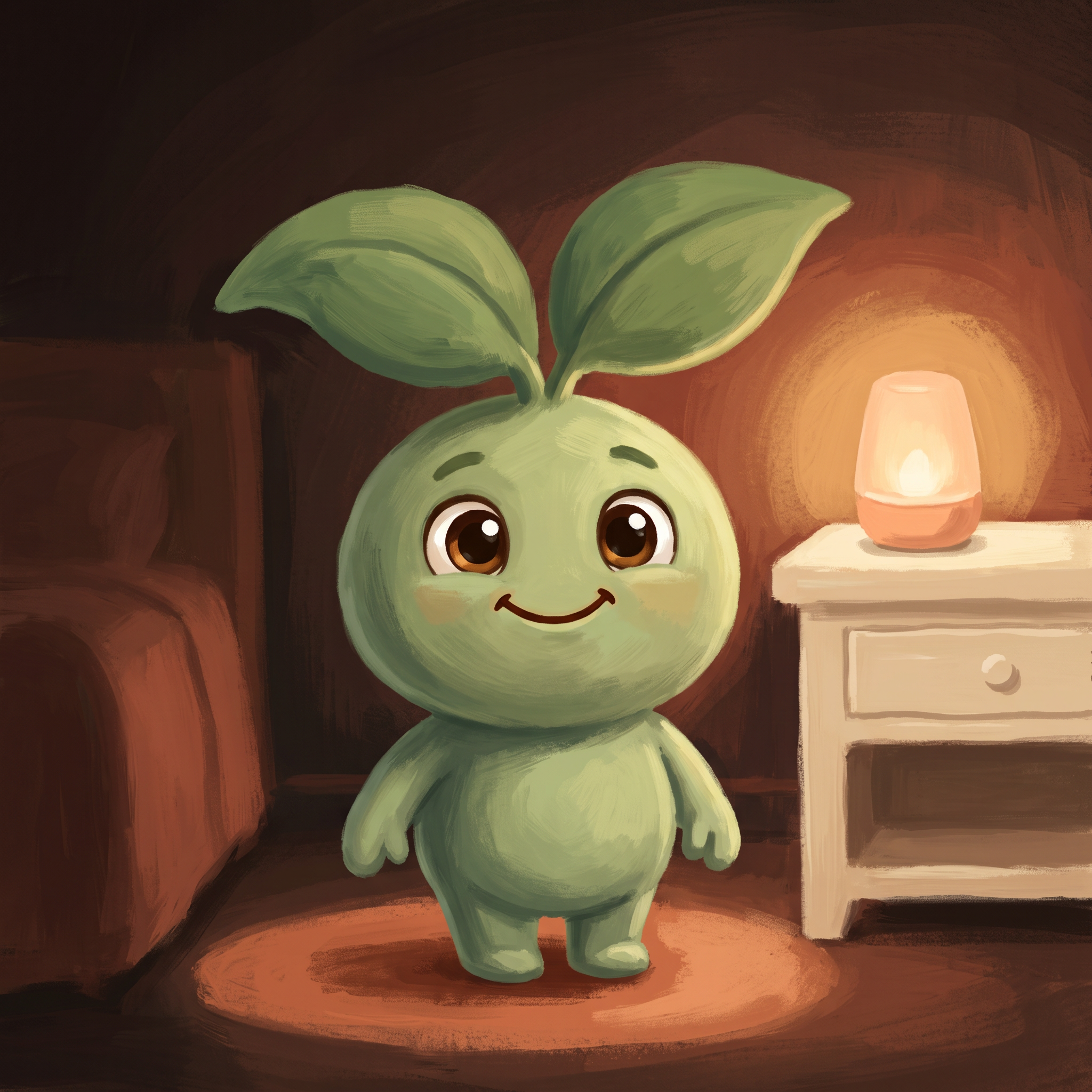Illustration of a child looking at a soft nightlight in the dark, holding a stuffed animal, representing calming a scared child through prayer