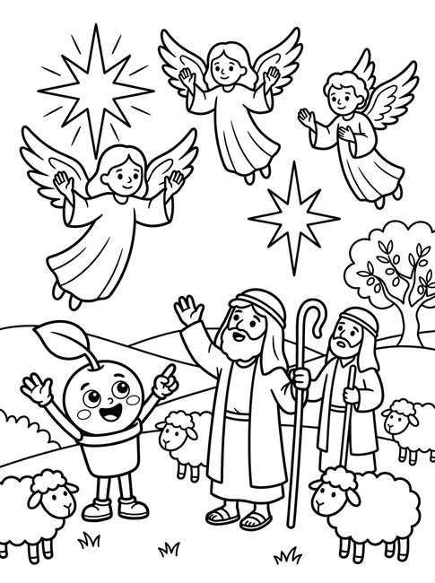 Day 7 Advent coloring page — Angels announce to shepherds